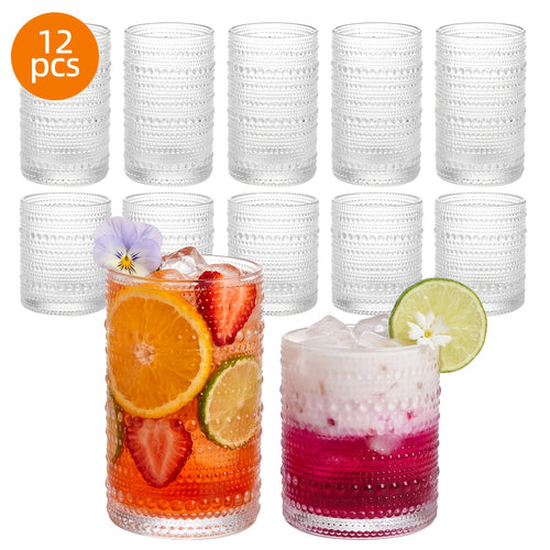 12pcs Drinking Glasses, 12 Oz/10 Oz Highball Glasses &Juice Glasses, Clear Embossed Boho Glass Cups Kitchen Glassware Set For Coffee, Juice, Milk, Hand Wash Only(Dishwasher Can Cause Fading), For Christmas