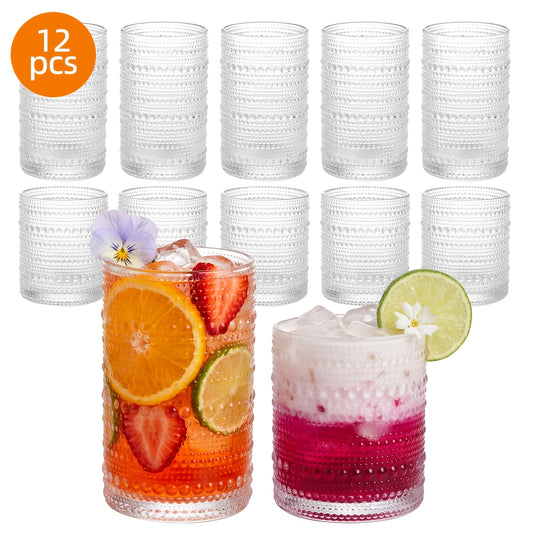 Drinking Glasses Set 12pcs – 12 Oz & 10 Oz Highball Glasses, Clear Embossed Boho Glass Cups for Juice, Coffee & Milk, Kitchen Glassware Gift Set for Christmas