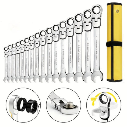 180° Flex-Head Ratcheting Wrench Set, 16pcs Metric 6-22mm, 72 Teeth, CR-V Steel, Ratchet Wrenches Set With Organizer Bag
