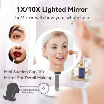 LED Makeup Mirror with Lights & 10X Magnification - Touch Dimming Desktop Vanity Mirror, Adjustable Brightness, Portable Handheld Design for Bathroom, Bedroom & Office, Ideal Gift for Women