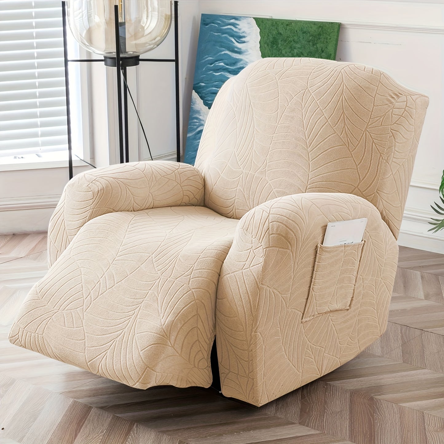 1/2/3/ Seat Plus Center Control Recliner Sofa Cover, Winter Insulation, Furniture Decoration, High Stretch Big Leaves Jacquard Sofa Recliner Cover, Soft And Washable, Loveseat Recliner Cover with Console, Home Decoration, Mother'S Day Gifts