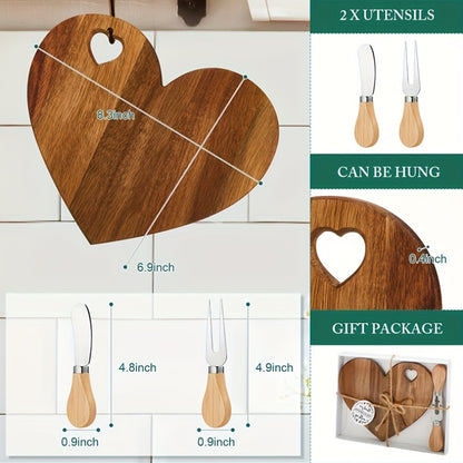 12/6Set Bridal Shower Favor Heart Cheese Board Cheese Knives Wood Mini Charcuterie Board Thank You Gift Box For Guest Bridal Prize Wedding Birthday Valentines And Christmas(Acacia & )