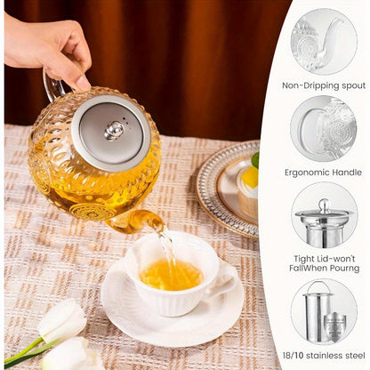 Amzcku 50OZ/1500ml Vintage Glass Teapot with Removable Infuser - Stovetop Safe Borosilicate Tea Kettle, Elegant Floral Design, Durable & Easy-Clean