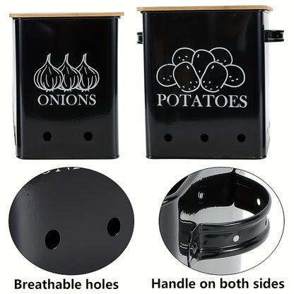 Kitchen Storage Canister, Potato Onion Storage Bin With Aerating Tin Storage Holes & Wooden Lid, Kitchen Organizers For Onion, Potato, Fruit, Black