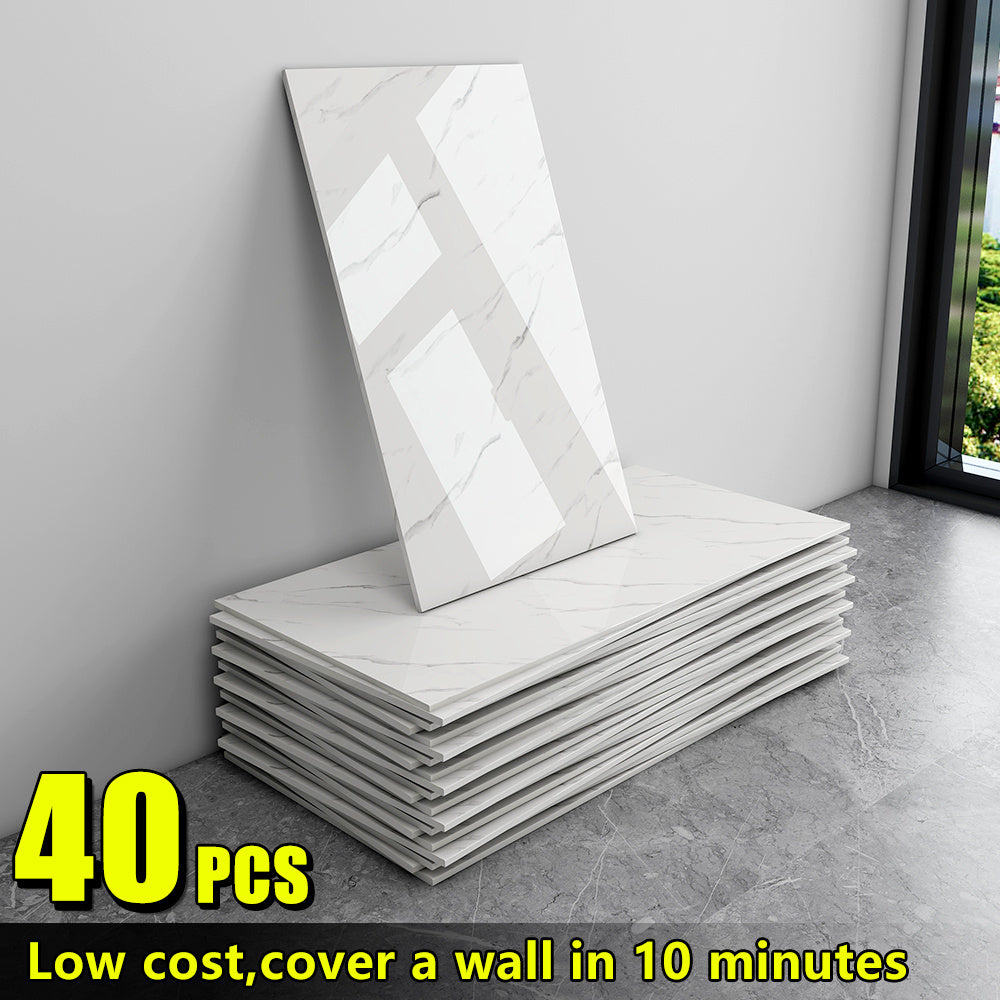 20/40/60-Pack Self-Adhesive Marble Wall Panels Set -Oversized White &Grey/Black Marble Sheets, Peel & Stick Removable Vinyl Planks, Bathroom, Kitchen, Living Room-Glossy Finish, Easy Install/Remove, Reusablelmitation Stone, DIY Home Decor