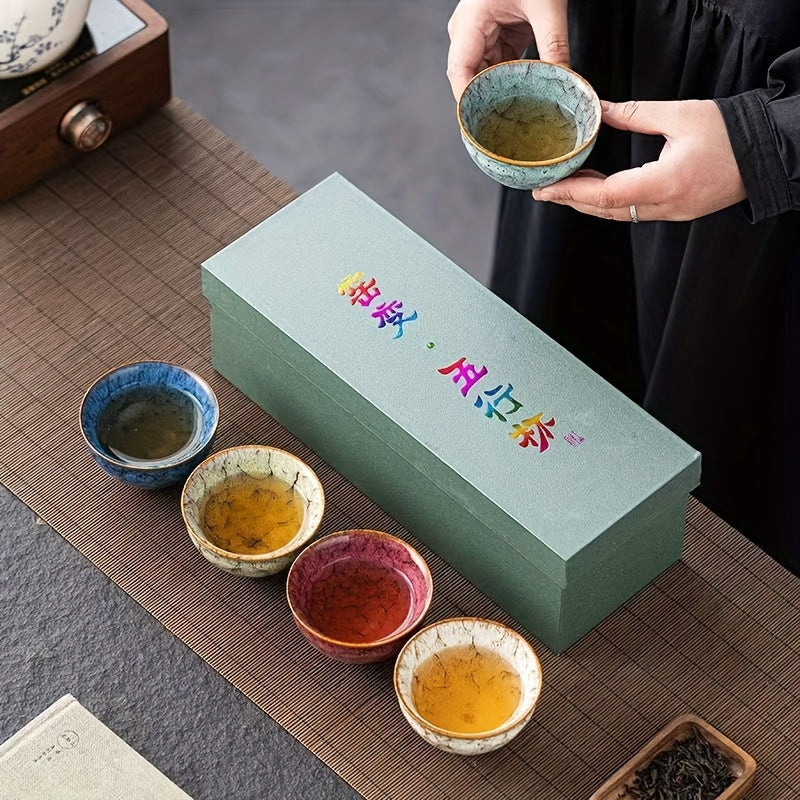 A set of handmade ceramic teacups (five pieces), kiln-fired five-element Kung Fu teacups, available in five stylish colors, beautifully designed gift box, suitable as a gift for business partners, friends, and elders.