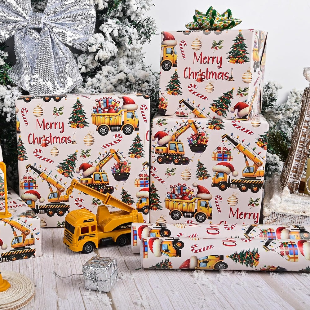 1pc Altarho Construction Christmas Wrapping Paper for Boys Girls - Funny Dump Trucks Cranes Excavators Tractor Gift Wrap Santa Hats Gifts Christmas Tree Design for Holiday Winter Birthday Celebration Decoration Total 28.5Sq.Ft