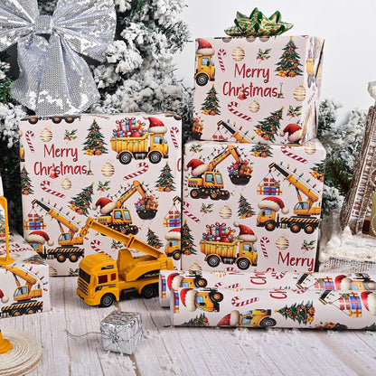 1pc Altarho Construction Christmas Wrapping Paper for Boys Girls - Funny Dump Trucks Cranes Excavators Tractor Gift Wrap Santa Hats Gifts Christmas Tree Design for Holiday Winter Birthday Celebration Decoration Total 28.5Sq.Ft