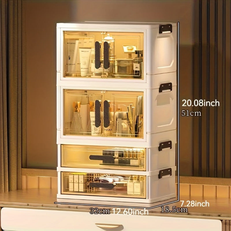 Three/ Four Floors Foldable Large Capacity Cosmetic Storage Cabinet with Transparent Drawers Stackable Plastic Organizer for Makeup, Skincare, Documents, And Books, Retro Style White Golden Design, Home Organization Elegant Aesthetic, Girl Gift