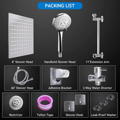 High-Pressure Shower Head Combination with Handheld Spray - 9-Spray Settings Suitable for Bath/Shower, Stainless Leakproof Rainfall Shower System, Adjustable Angle & Hose, Bracket, Polished Square for Modern Bathrooms,for Shower Use Only