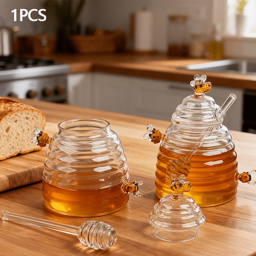 1pc 480Ml/16.23Oz High Borosilicate Glass Honeycomb Jars with Lid And Stirrer, Transparent Honey Storage Jars, Suitable for Home, Weddings, Parties, And Kitchen
