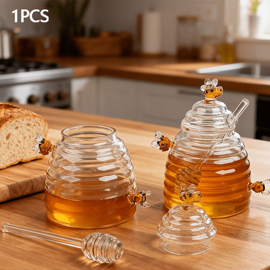Glass Honeycomb Honey Jar with Lid and Stirrer | 480ml High Borosilicate Transparent Storage Container for Home Kitchen Wedding Party
