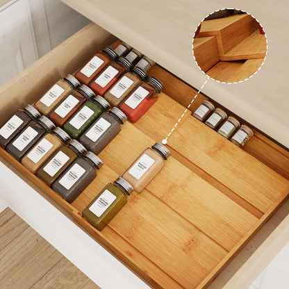 Expandable 4-Tier Bamboo Spice Drawer Organizer For Kitchen Cabinets, Fits Drawers 3" Deep, Adjustable Width 12" To 23", Space-Saving Seasoning Storage Tray (Jars Not Included)