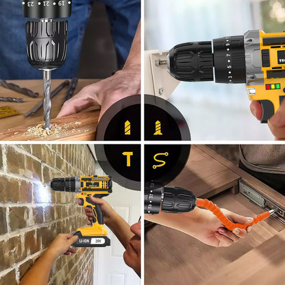 Tegatok 20V 58/136pcs/ 147pcs Cordless Impact Drill Kit With 20 Plus 3 Torque Settings 45Nm Max Torque Built In LED Light 2.0Ah Rechargeable Battery And Fast Charger Ideal For Home Renovation Woodworking Furniture Assembly Metal Drilling