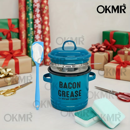 Bacon Grease Container with Lid, Large Capacity Grease Storage Can with Heat-Resistant Filter, Silicone Spatula & Cleaning Sponge Set, Flip-Top Oil Holder for Kitchen Household Use