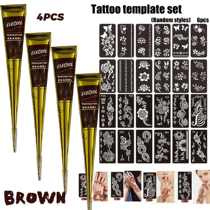 Temporary Semi-Permanent Tattoo Paste Kit - Waterproof Body Art Gel in Brown & Black with Tattoo Templates, Safe Non-Irritating Henna-Style Ink for Parties, Festivals, Cosplay & Daily Decoration
