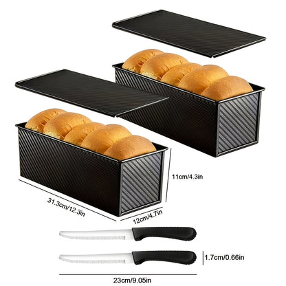 1/2pcs Extra Large Pullman Loaf Pan with Lid 12.3x4.7x4.3 Inches, Bread Knife Included, Vent Holes for Baking, Black Lid Bread Pan for Sandwich Bread