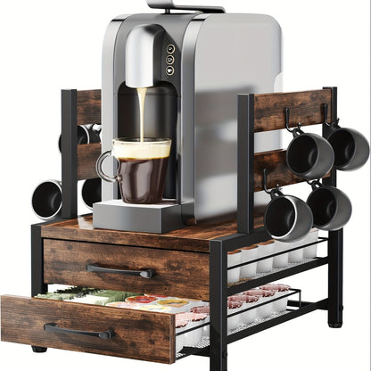 Double Layer Coffee Capsule Storage Rack And Mug Holder, Coffee Machine Stand, K Cup Holder Drawer - Coffee Bean Pod Organizer, 70 Capacity Bean Pod Holder, Home Kitchen Countertop Organizer, Rustic Brown