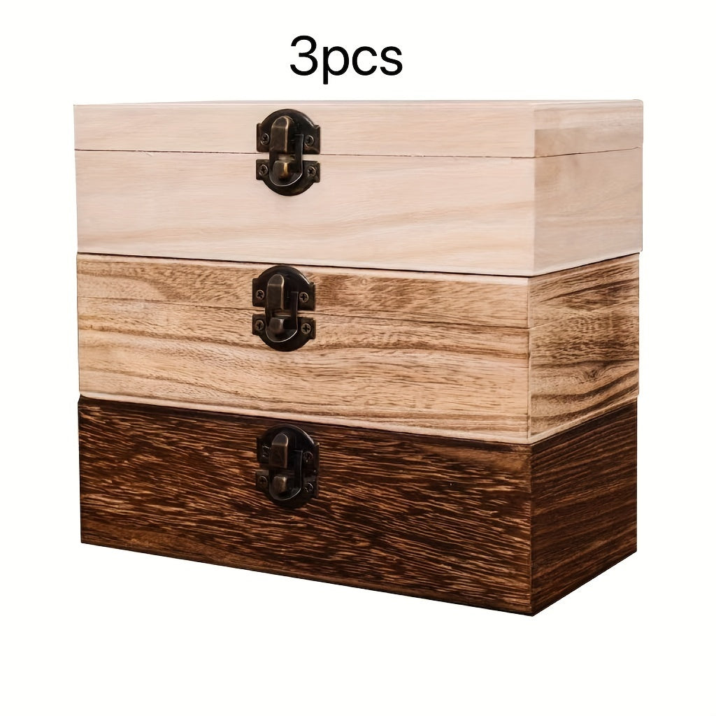 Jewelry Box with Lid & Lock Clasp Set of 3 – Vintage Wooden Storage Boxes for Jewelry, Daily Essentials & Gift Packaging, Versatile Home Organizer in 3 Colors