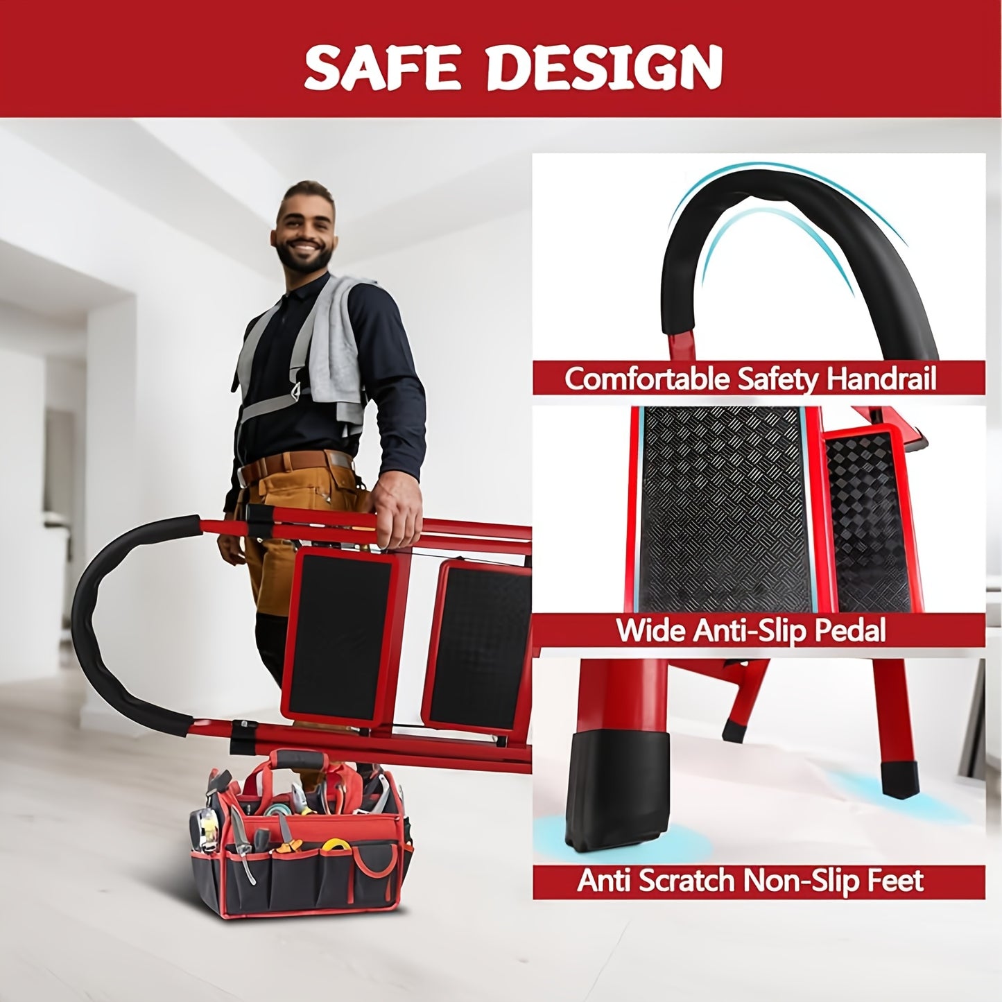 Heavy-duty 5-step Red Portable Folding Ladder, 500 Lbs Weight Capacity, Durable Plastic Folding Ladder with Non-slip Steps, Lightweight And Portable, Suitable for Both Household And Industrial Use