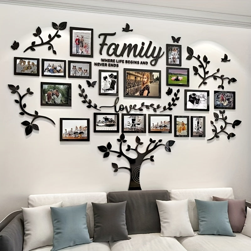 1pc 3D Acrylic Family Photo Frame Tree Wall Sticker - Removable Leaf-Shaped Picture Collage with "Family" & "Love" Text, -Friendly Branches for /Parents Pictures, Easy Peel & Stick for Living Room,