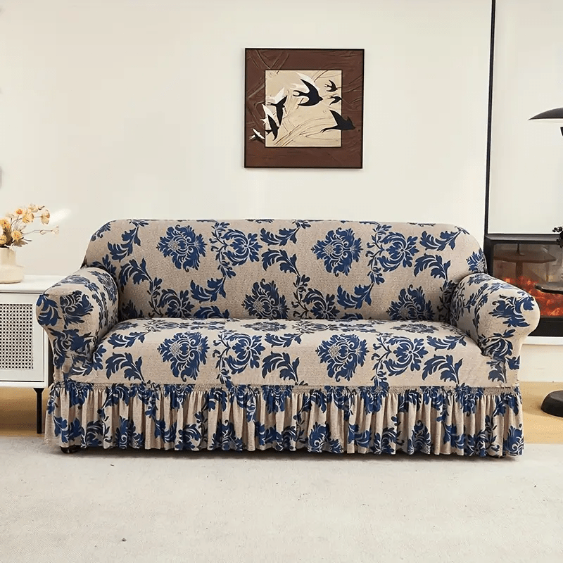 1pc Dark  Slippery Fibre Print Skirt Cover, Which Can Be Used in All Seasons, and the High-stretch Fabric Fits Snugly Around the Sofa. Equipped with a Non-slip Fixed Rod, Stable and Non-shifting, Both Beautiful and Practical.