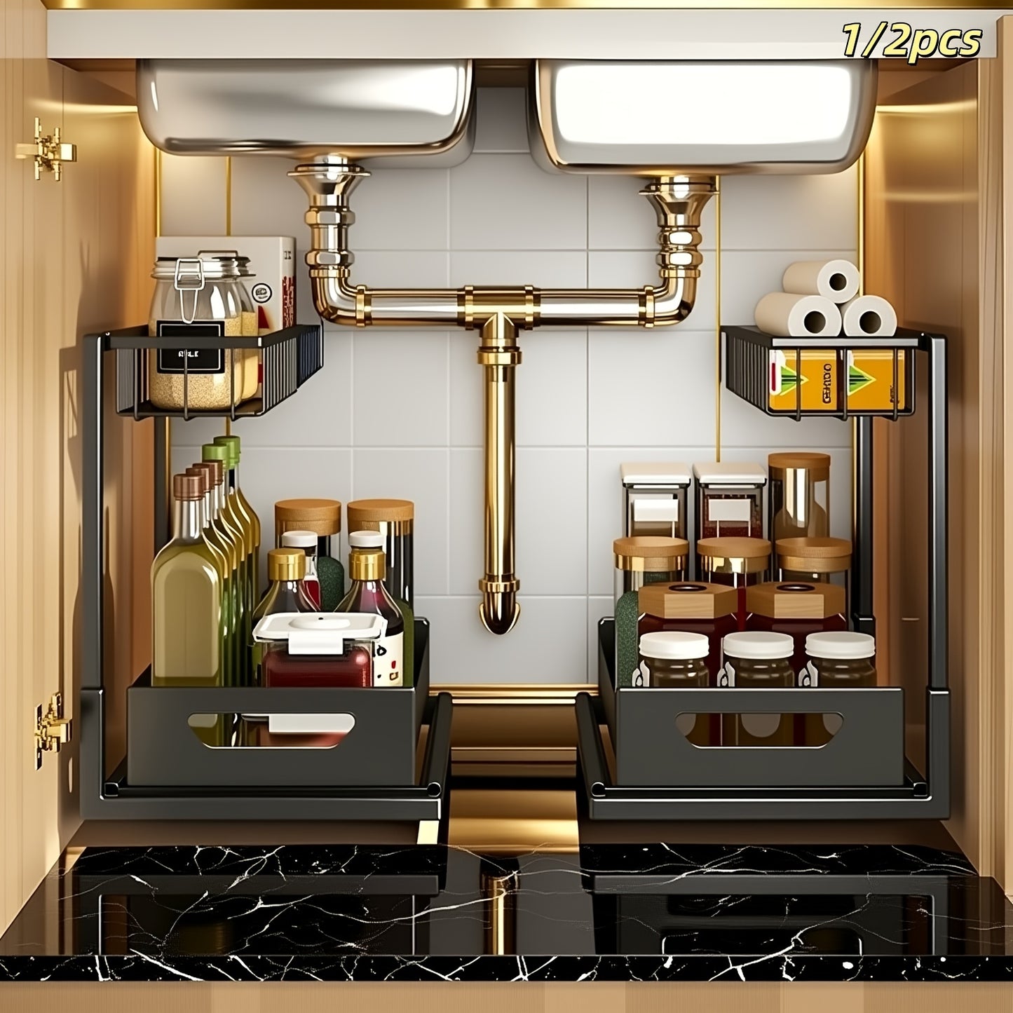 1/2pcs 2-story kitchen sink storage containers，push-pull cabinet organizer, kitchen and bathroom organizers and storage, study, tabletop, metal sliding drawers, practical and convenient kitchen accessories essentials, kitchen organizers and storage.