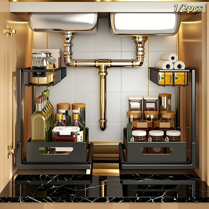 1/2pcs 2-story kitchen sink storage containers，push-pull cabinet organizer, kitchen and bathroom organizers and storage, study, tabletop, metal sliding drawers, practical and convenient kitchen accessories essentials, kitchen organizers and storage.