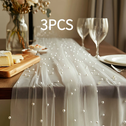 3pcs White Pearl Beaded Tulle | Suitable for Table Runners, Ceremony Backgrounds, Home and Room Decor, Birthday Party and Valentine'S Day Decorations, Romantic Atmosphere, Size 76*300cm/2.5*9.8ft, Polyester Material