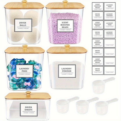 3+1 Pack Laundry Pods Container & Dryer Sheet Holder Set, Clear Laundry Room Organization Containers With Bamboo Lids And Labels, Laundry Pods Holder For Scent Booster, Powder, Pod