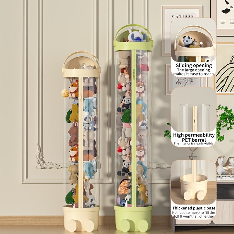Transparent Cylindrical Doll Storage Bin with Zipper - Children's Plush And Dolls Storage Organizer for Home Use, Easy to Assemble, Suitable for Living Rooms, Bedrooms, Storage Rooms, Etc