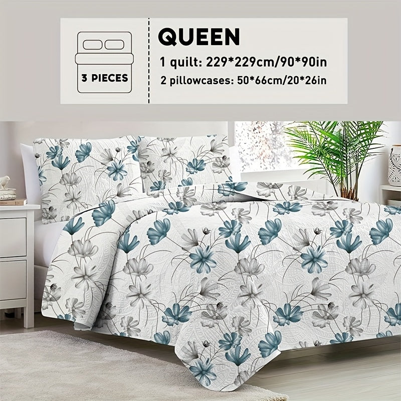 2/3pcs Floral Comforter Quilt Set Queen King Full Twin Size, White/Grey Soft Microfiber Reversible Bedding Sets Blanket Bed Cover Mother Father Day Gift, Botanical Quilted Bedspread Lightweight Coverlet Set With Shams For Winter Spring Summer Autumn