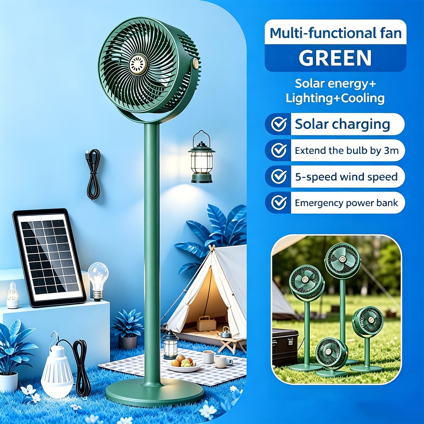 Solar Floor Fan 33-Inch Rechargeable 4000mAh USB Standing Fan Power Bank 2-in-1 360° Tilt 5-Speed 4-Height Adjustable for Indoor Outdoor Courtyard RV Camping