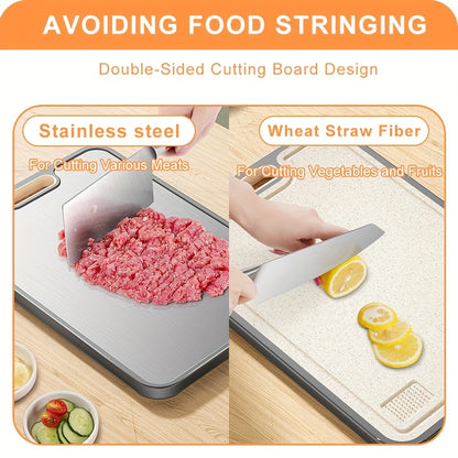 Double Sided Food Grade Cutting Board for Kitchen, Made Of Stainless Steel And Wheat Straw PP Panel, Non Slip And Durable, Easy to Clean. Large Size 16 Inches X 11 Inches