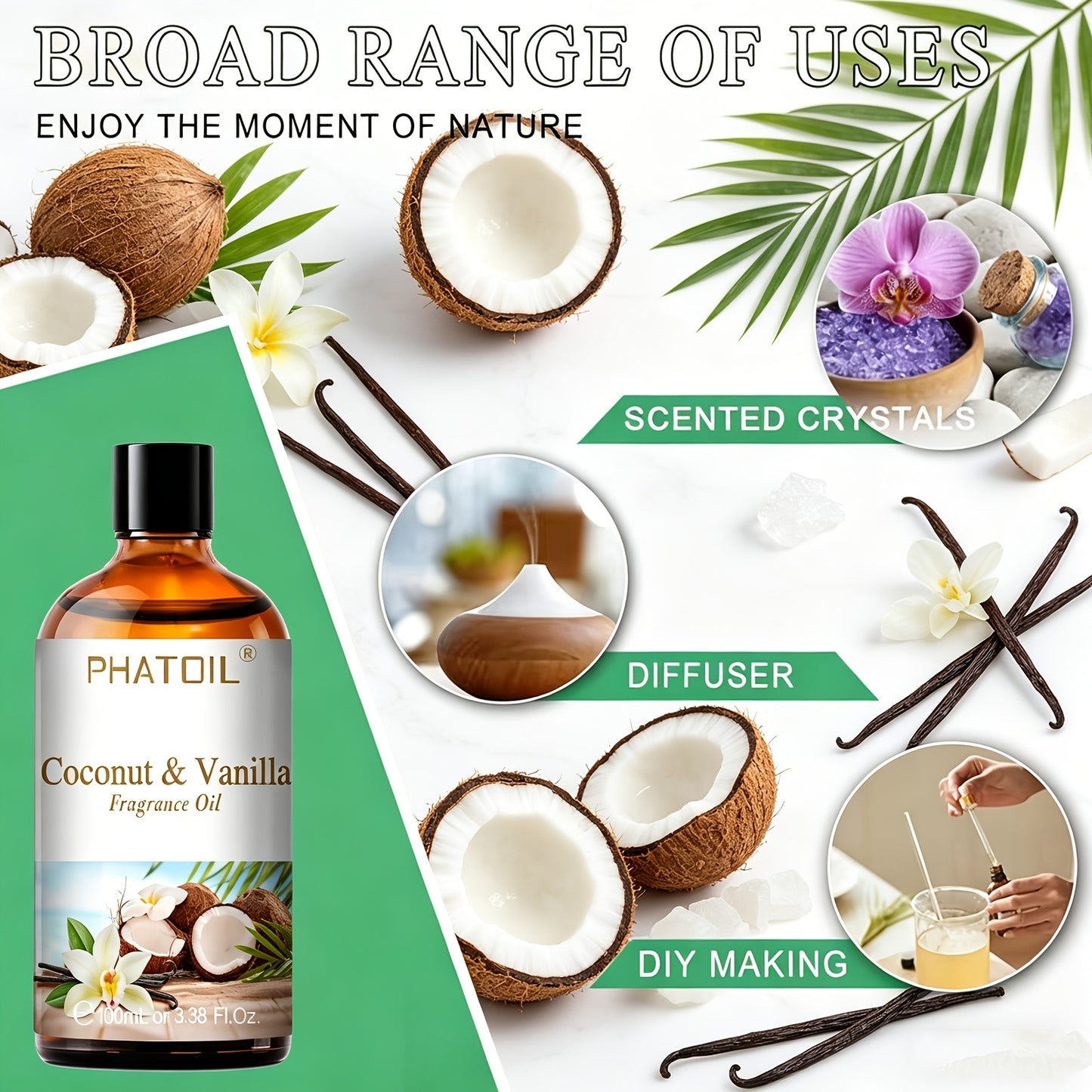 PHATOIL 1pc 100Ml/3.38Fl.Oz Coconut & Vanilla Fragrance Oils for Diffusers Humidifier Candle Making