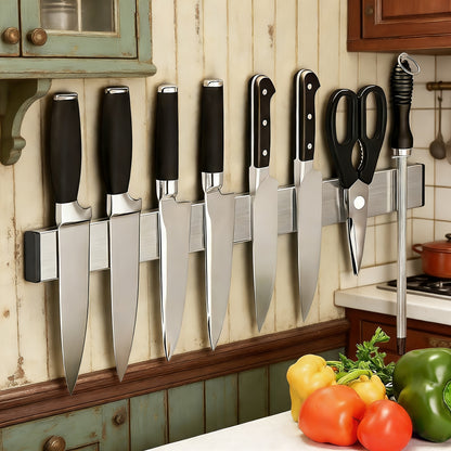 1pc Stainless Steel Magnetic Knife Holder – Punch-Free Wall Mounted Rack for Kitchen Knives, Securely Organizes Chef’s Knife, Santoku, Bread Knife & More, Ideal for Home or Restaurant Use, Culinary Organization | Sleek Metallic Finish | Punchfree Installa
