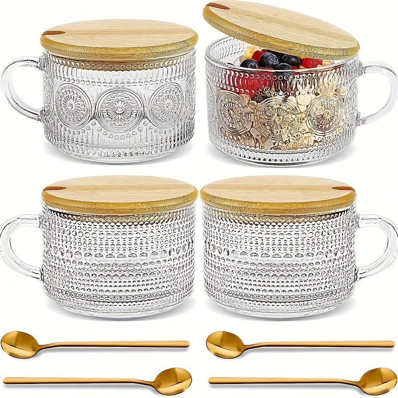 4pcs, 13oz/384ml, Vintage Sunflower Breakfast Cup Set - High-quality Glass Cup, Multifunctional Cutlery with Spoon And Lid, Suitable for Coffee, Tea, Cappuccino, Latte, Grains, Yogurt, Milk.