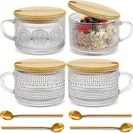 Glass Cup Set 4pcs with Lid & Spoon – 13oz Vintage Sunflower Breakfast Cups for Coffee, Tea, Latte, Yogurt, Cappuccino