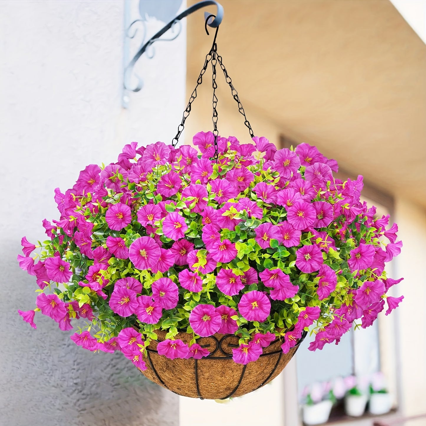 Artificial Hanging Flowers Outdoor UV-Resistant Fake Petunias with Planter Basket – Realistic Faux Hanging Plants for Garden Patio Porch Balcony Railing Decor