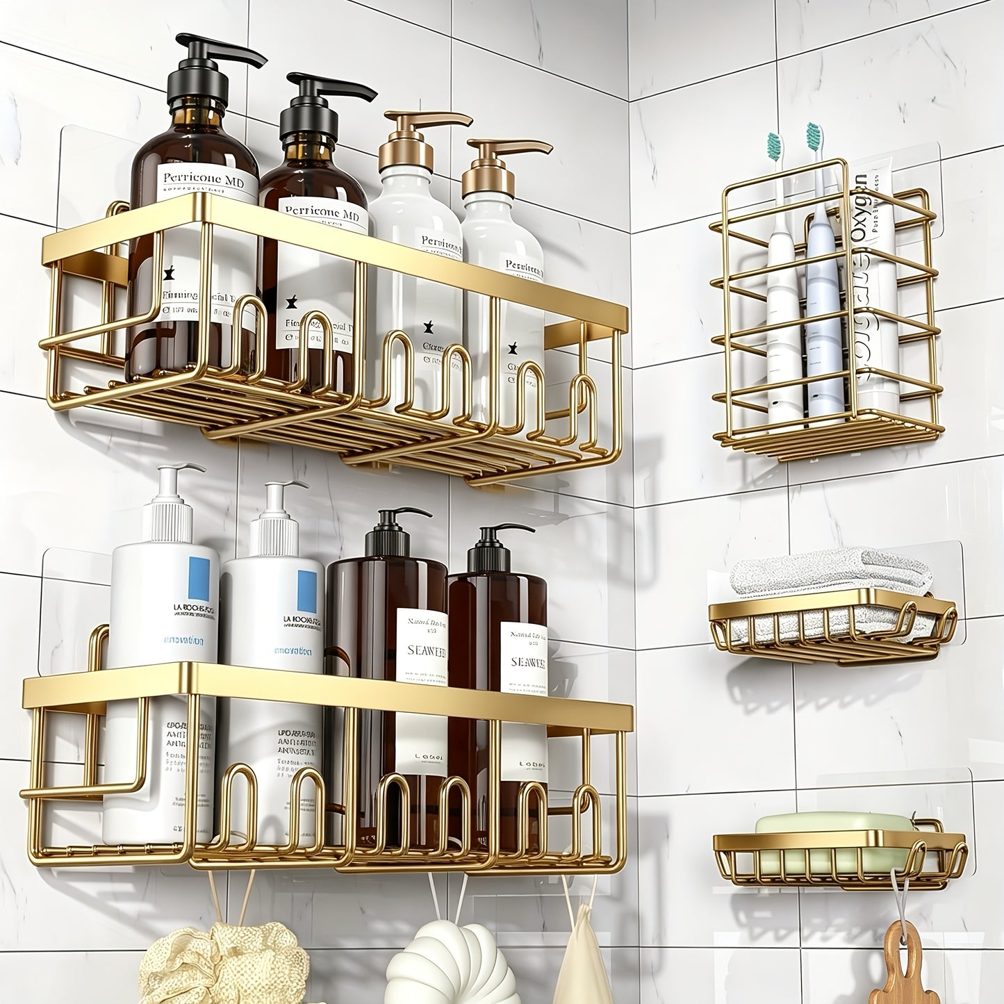 Shower Caddy Organizer, 5-Pack Adhesive Rustproof Stainless Steel Shower Shelves with Soap Holder, No Drilling Shower Storage Rack for Family Renters Bathroom, Random Colors F to Choose, Shower Caddies