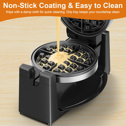 [Rotating Belgian Waffle Maker] Waffle Maker, Rotating Belgian Waffle Maker, 180 Degree Flip Waffle Iron, Non-Stick Plate, Adjustable Browning Control, Foldable Cool Touch Handle, Removable Drip Tray, Space Saving Storage, Stainless Steel