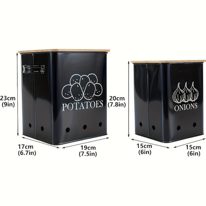 Kitchen Storage Canister, Potato Onion Storage Bin With Aerating Tin Storage Holes & Wooden Lid, Kitchen Organizers For Onion, Potato, Fruit, Black