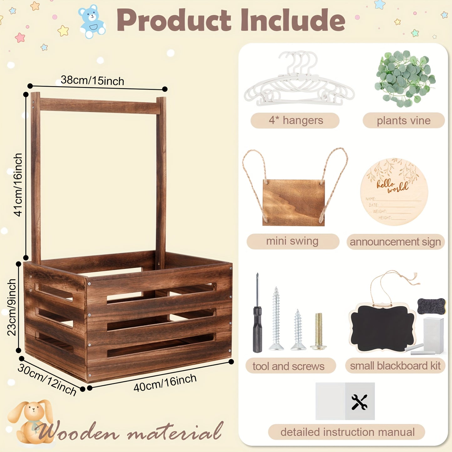 Wooden Shower Crate Gift Set With Handle And Garland - Large Storage Basket Organizer For Gifts, Pregnancy Announcement, Christmas Party Decor