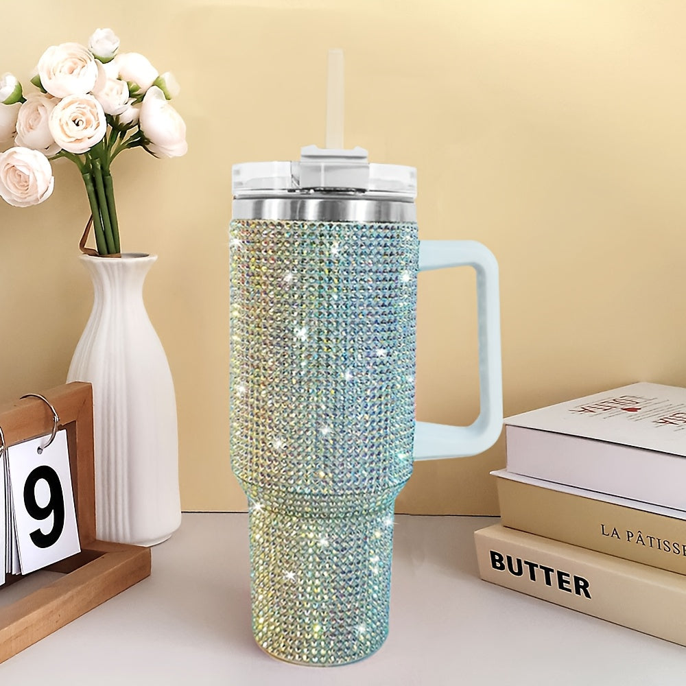 Single 40 Oz Tumbler Featuring a Handle And Straw Lid, Adorned with Studded Bling Diamonds, Made of Stainless Steel for Insulation, Designed As a Double Wall Travel Mug That Fits in Car Cup Holders, Perfect for Women
