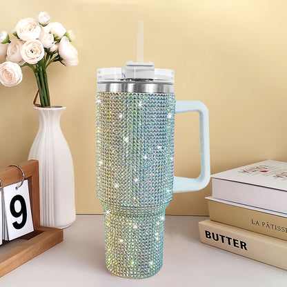Single 40 Oz Tumbler Featuring a Handle And Straw Lid, Adorned with Studded Bling Diamonds, Made of Stainless Steel for Insulation, Designed As a Double Wall Travel Mug That Fits in Car Cup Holders, Perfect for Women