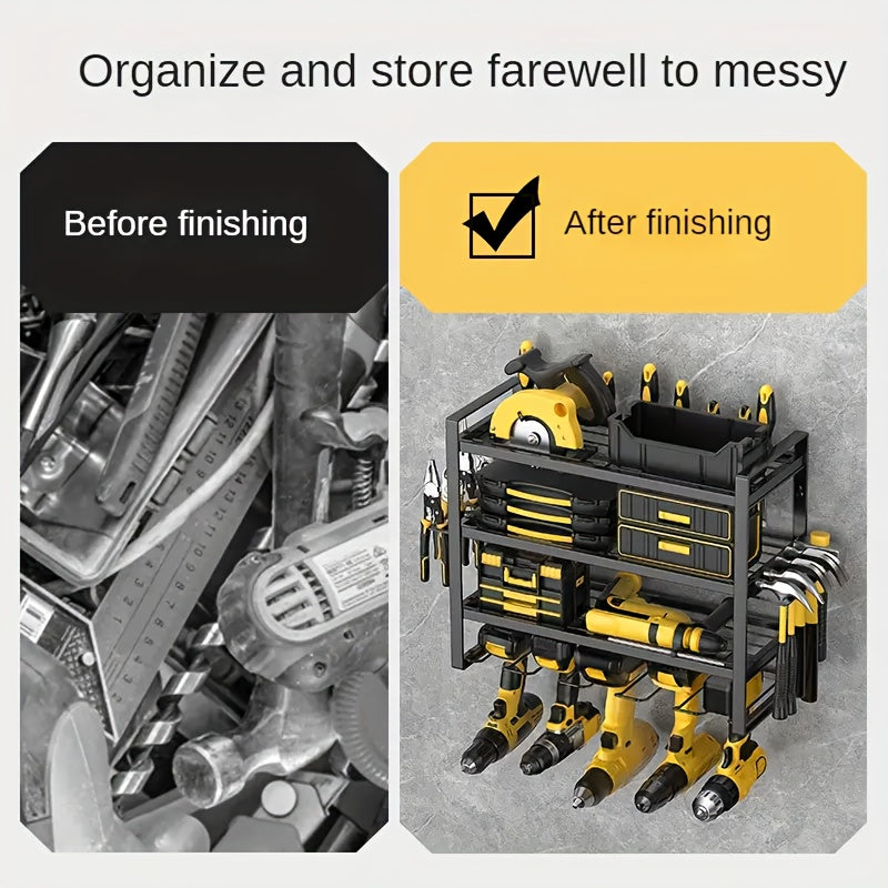 Heavy-duty Metal Wall Tool Storage Rack - Black with Yellow Accents, Cordless Workbench Organizer, Clamp Holder, Space-saving Gift - Gifts for Men, Boyfriends, Husbands, And Partners, Storage Racks