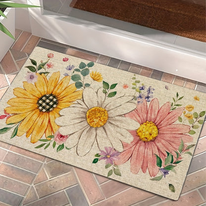 (Semi-Managed Product: Sponge Thickness: 10Mm, Density: 18D, Square Gram Weight: 500, ) 1pc of Welcome Mat for The Doorway, Spring And Summer Floral Doormat, Sunflower Daisy Doormat, Summer Seasonal Holiday Decoration, Flannel Material