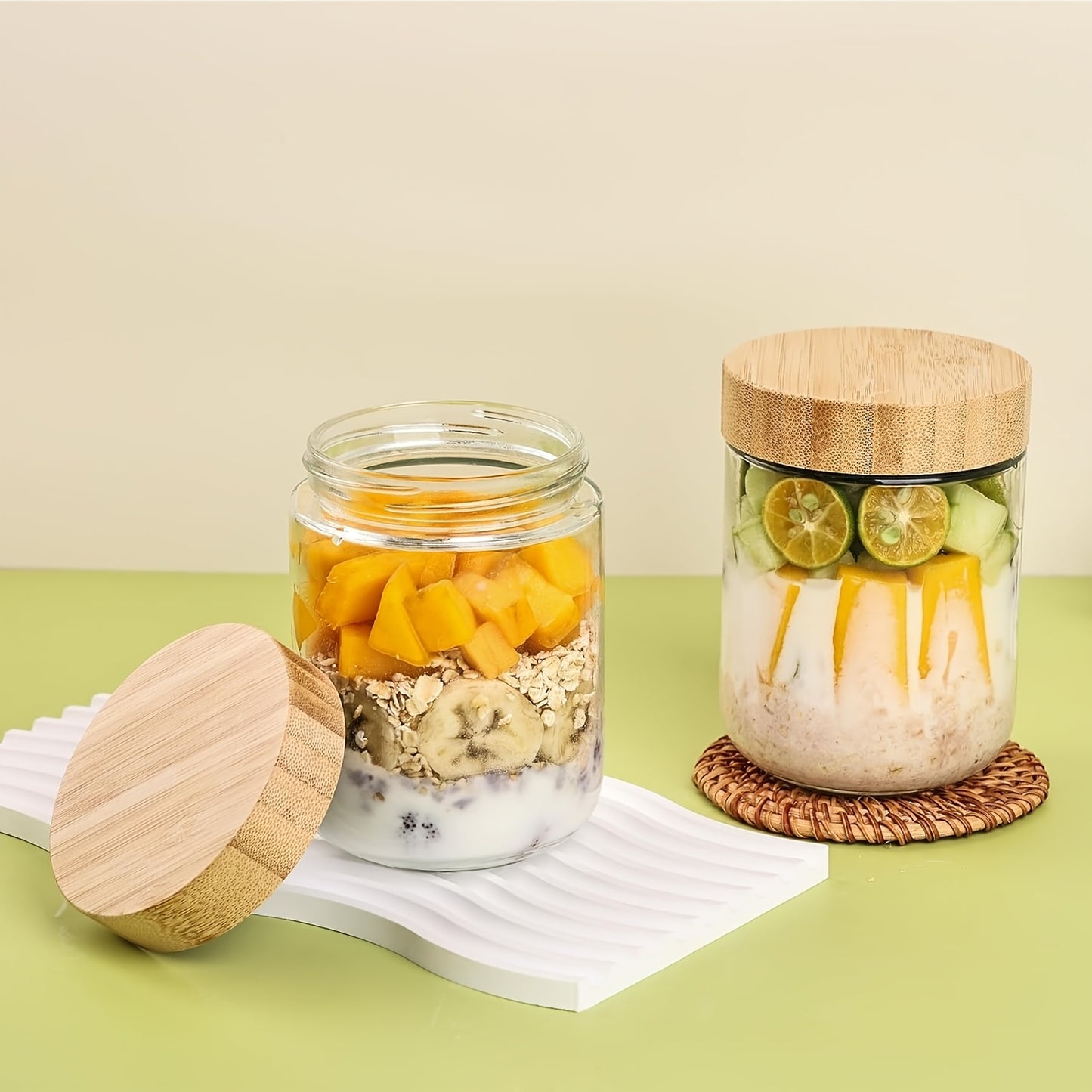 4/6 Packs Overnight Oats Containers with Bamboo Lids, Glass Jars with Airtight Lids for Meal Prep, Wide Mouth Mason Salad Jars, Glass Food Storage Container for Yogurt Chia Snacks Spice Sugar