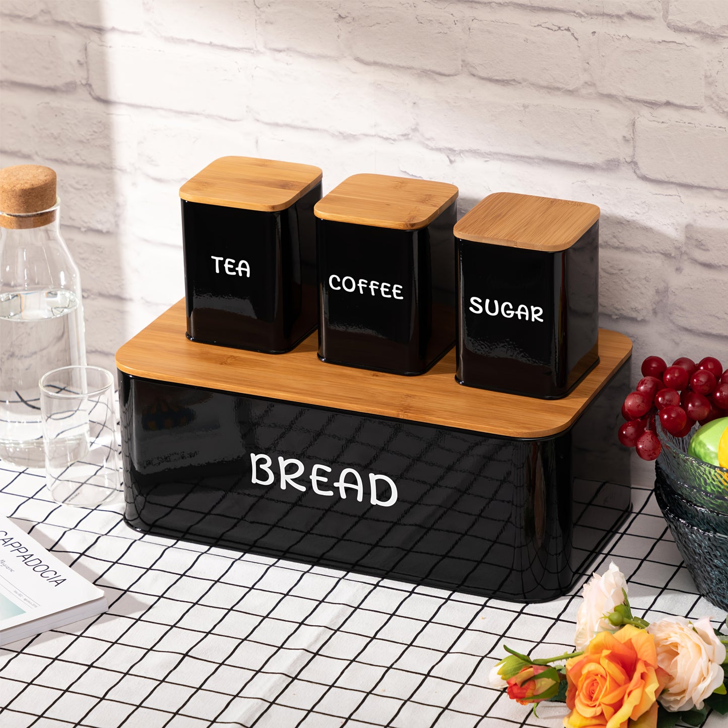 Bread Box with 3 Jars Set for Kitchen Countertop – Metal Bread Box with Bamboo Board Cover, Coffee Sugar Tea Canisters, Large Capacity Farmhouse Food Storage Organizer