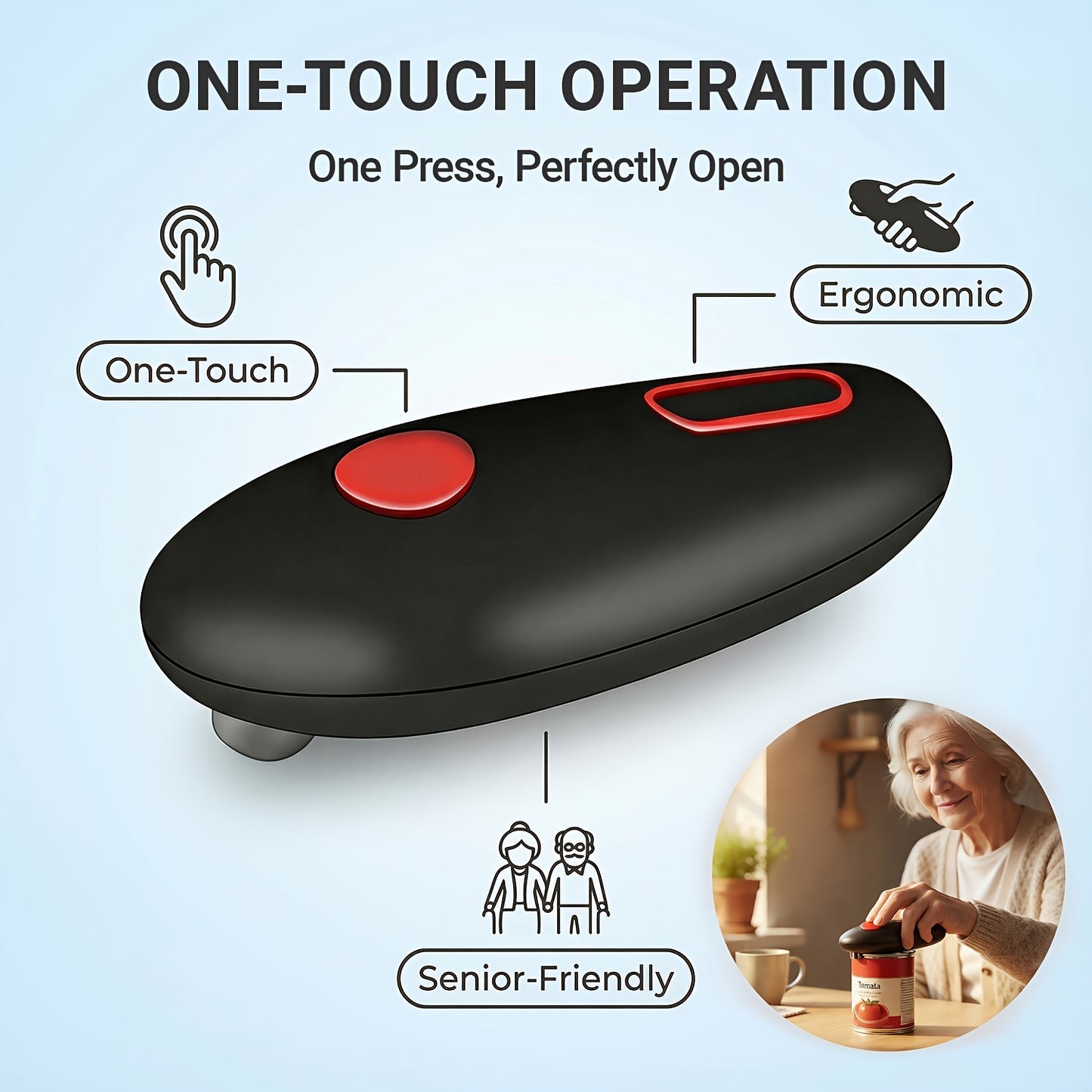 Electric Can Opener Automatic Battery Powered, Touch Hands Free with Smooth Edge Safe Design, Ideal for Seniors Arthritis And Weak Hands, Portable for Kitchen Camping RV, Perfect Gift for Elderly